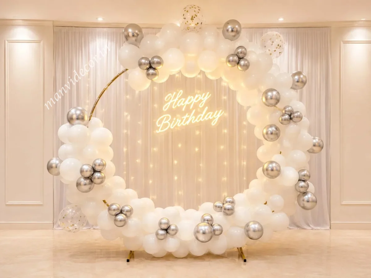 Birthday surprise decor with white balloons